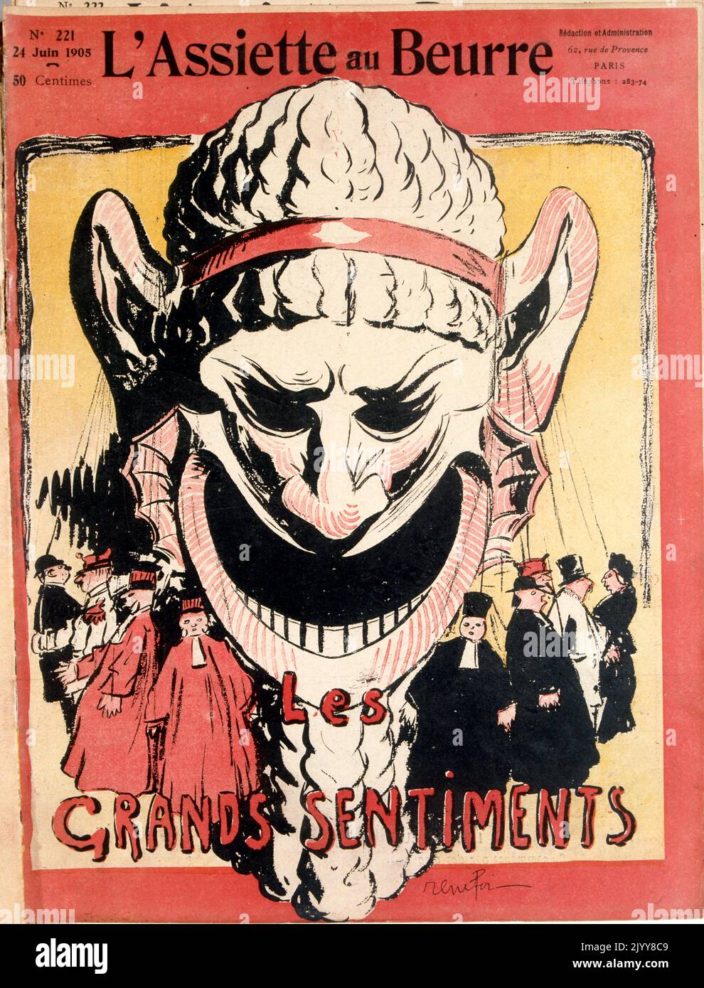 Illustration satirique du magazine l'Assiette au beurre. Couverture de l'édition intitulée les Grands sentiments de juin 1905 avec un grand visage masqué dans un style grotesque. Banque D'Images