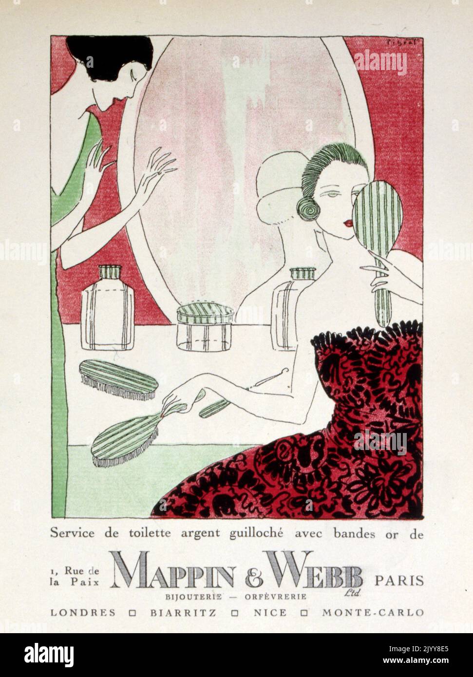 Une affiche colorée annonçant les accessoires de table de dressing pour femmes par la société Mappin et Webb, Paris, Londres. Deux dames à leur coiffeuse. Banque D'Images