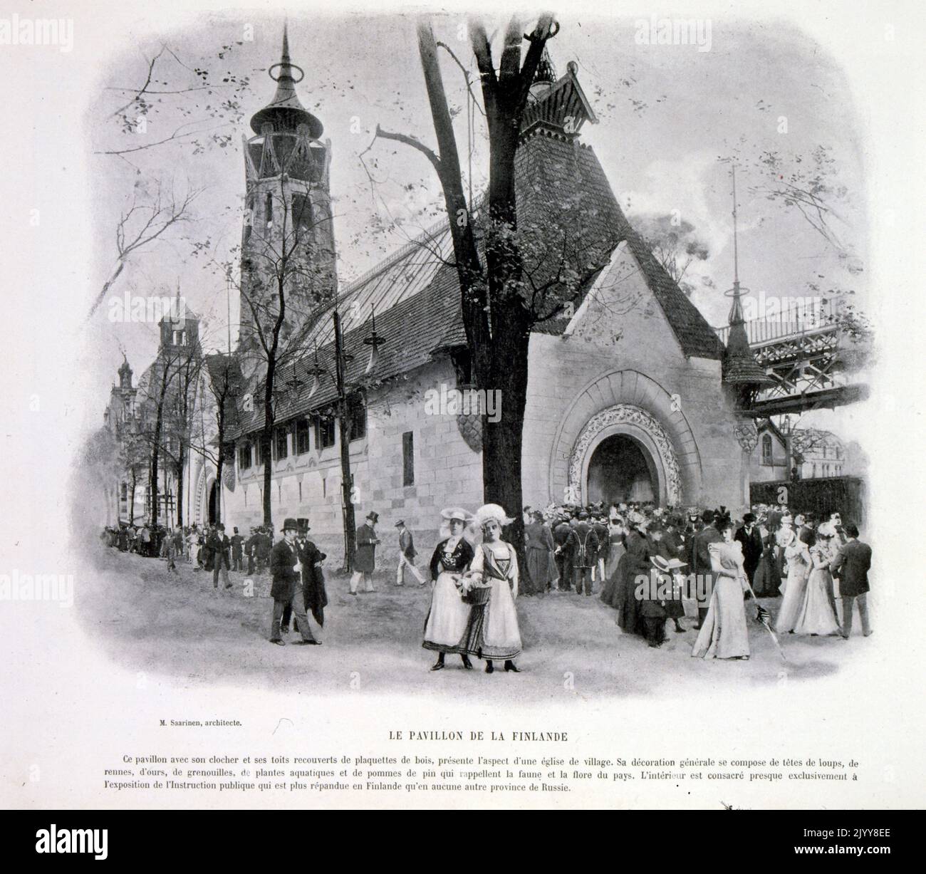 Exposition universelle (Foire mondiale) Paris, 1889; une photographie en noir et blanc de l'extérieur des pavillons finlandais. Banque D'Images