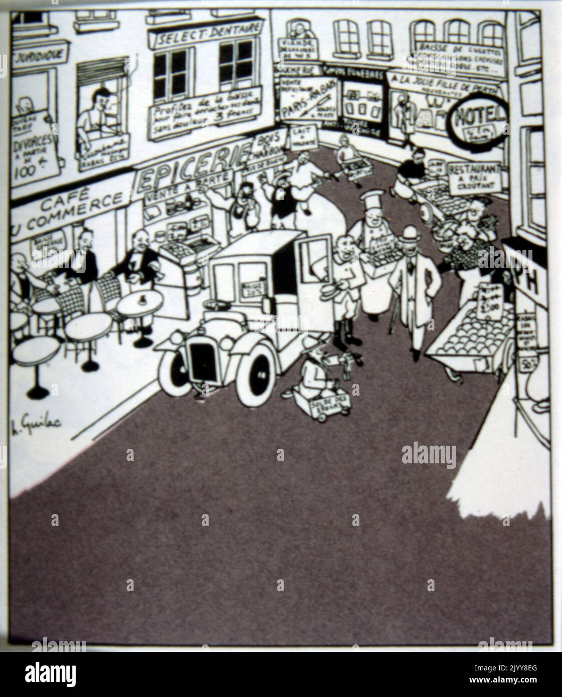 Un dessin animé noir et blanc de L. Guilac; une scène typique dans une rue pleine de commerce avec tous les types de magasins, tels que les épiciers, le dentiste, le café. Banque D'Images