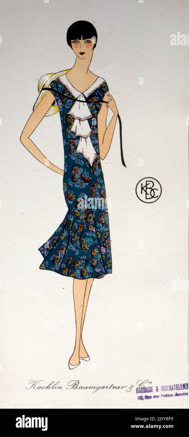 Une illustration colorée d'une dame portant une robe d'extérieur, tenant un boater par le designer KBC; mode du début du 20th siècle. Banque D'Images Une illustration colorée d'une dame portant une robe d'extérieur, tenant un boater par le designer KBC; mode du début du 20th siècle. Banque D'Images