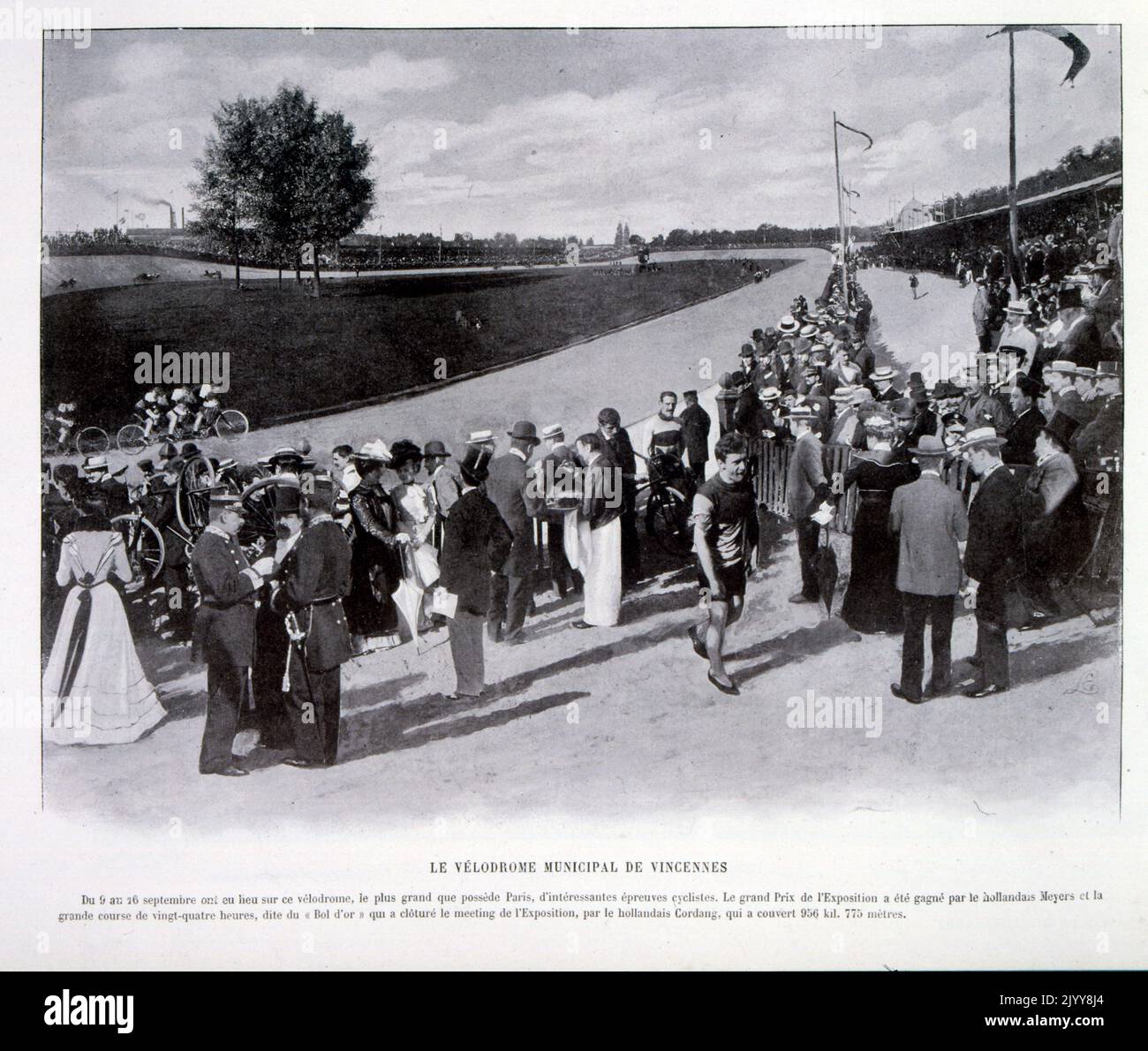 Exposition universelle (Foire mondiale) Paris, 1889; une photo en noir et blanc du vélodrome de la Municipalité de Vincennes à la course du Grand Prix de l'exposition, 9-16 septembre 1889. Banque D'Images