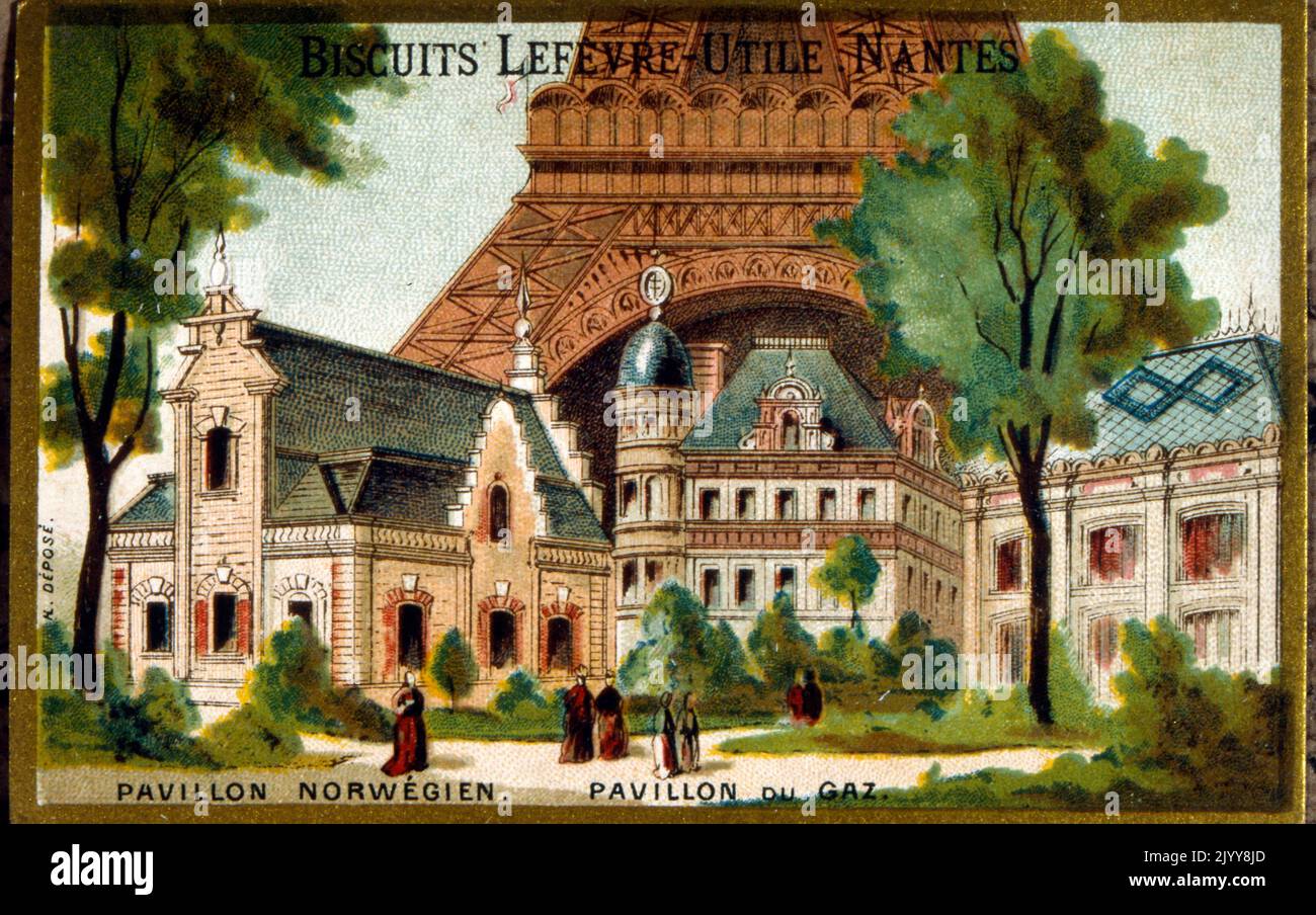 Boîte à biscuits commémorative de l'exposition de 1889 montrant le Pavillon norvégien et le Pavillon du gaz à côté de la Tour Eiffel. Produit par l'usine de biscuits Lefevre à Nantes. Banque D'Images