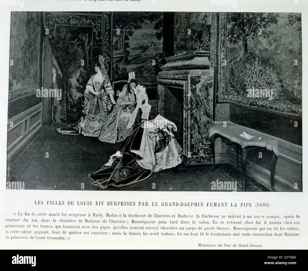 Noir et blanc Illustration d'une scène représentant les filles de Louis XIV qui semblent surpris par le Grand Dauphin en fumant un tuyau, datée de 1695. Banque D'Images
