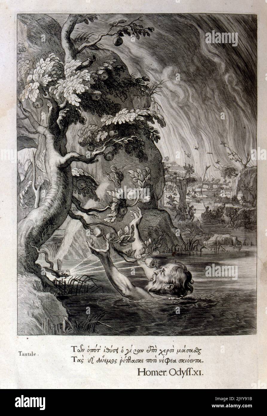 Gravure en noir et blanc Illustration d'une édition de l'Odyssée de Homer. Un homme est dans l'eau pour atteindre les fruits poussant sur un arbre. Banque D'Images