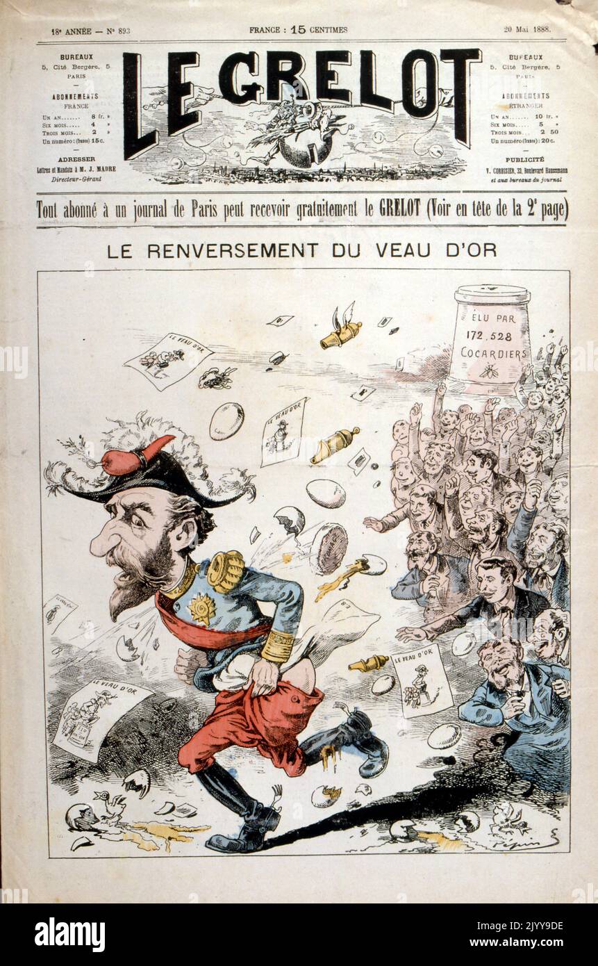 Première page du Grelot intitulée « le renversement du veau d'or ». Le Grelot était un journal républicain et anticlérical asatirique édité par Arnold Mortier. En date du 20 mai 1888. Banque D'Images