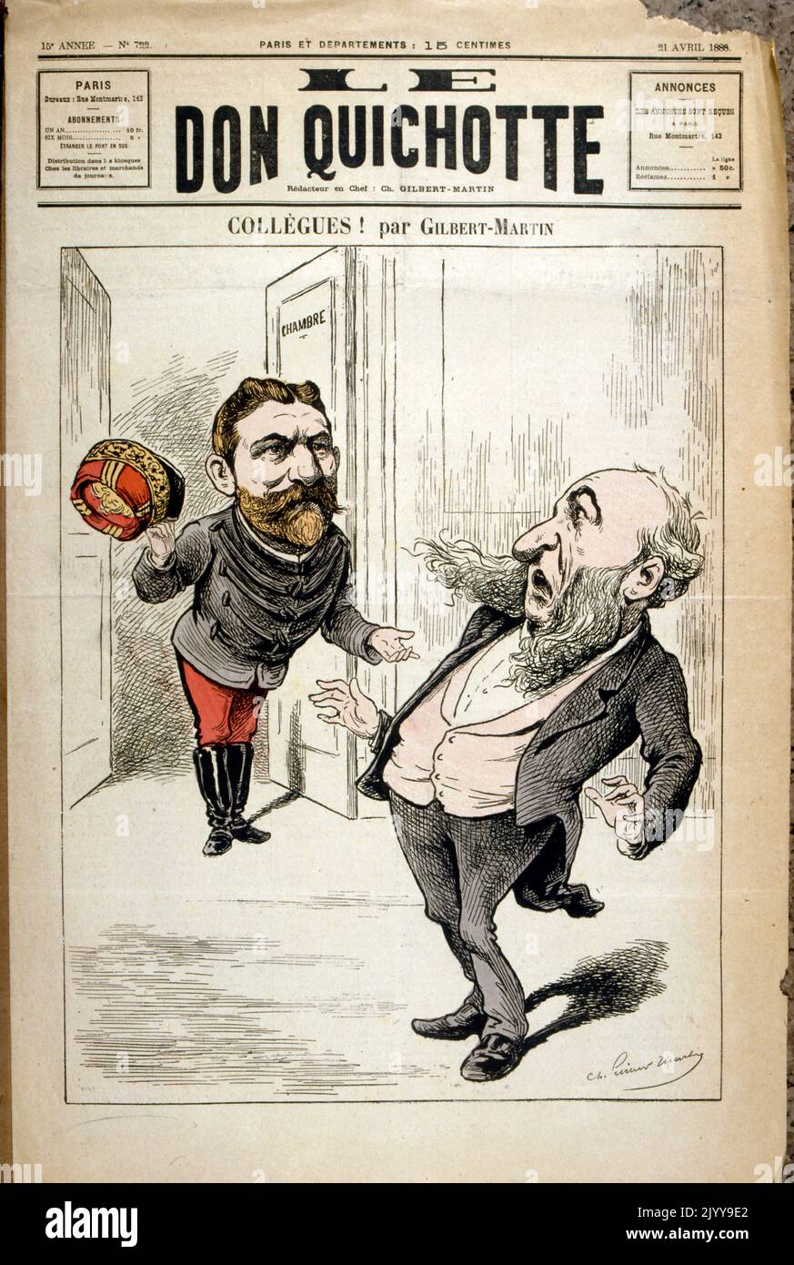 Illustration colorée de deux hommes regardant l'un à l'autre avec appréhension. Titre « collègues ! ». En date du 21 avril 1888. Banque D'Images