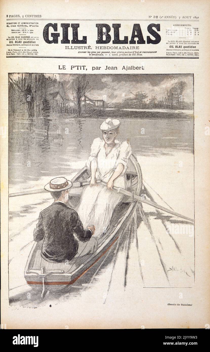 Journal politique appelé « Gil Blas », en date du 7 août 1892. Dessin noir et blanc d'une femme ramer un bateau et d'un homme assis à l'autre extrémité. La légende lit « le petit ». Banque D'Images