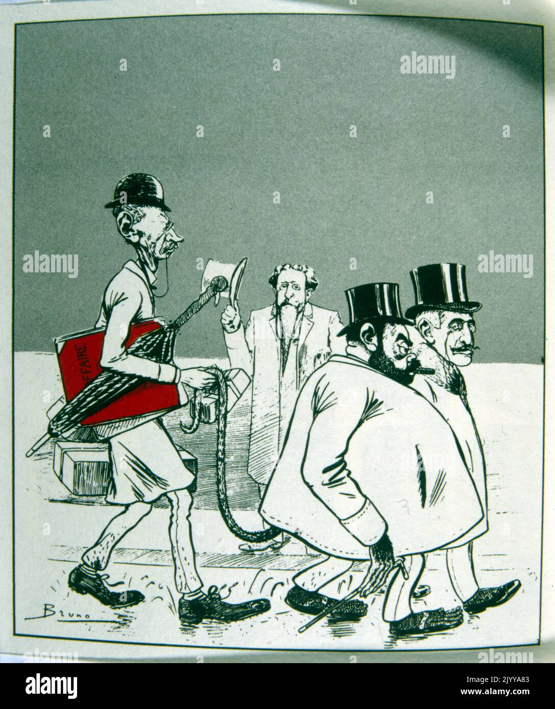 Noir et blanc satirique Illustration d'hommes gros gras avec des queues menant un homme d'affaires derrière eux. Banque D'Images