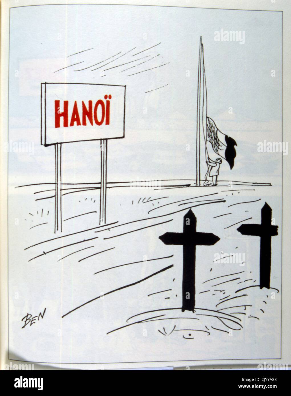 Image en noir et blanc avec deux croix comme tombes, le drapeau français descendant un poteau, avec un panneau indiquant Hanoi. (Vietnam) Banque D'Images