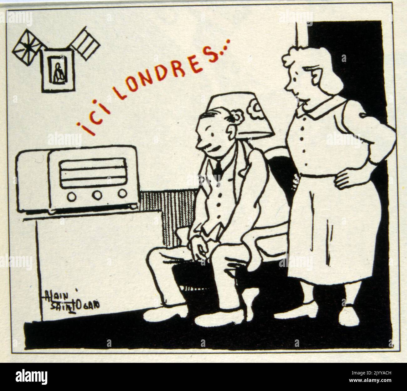 Image en noir et blanc d'un homme et d'une femme à l'écoute de la radio dont vient les mots 'London Speaking'. Banque D'Images
