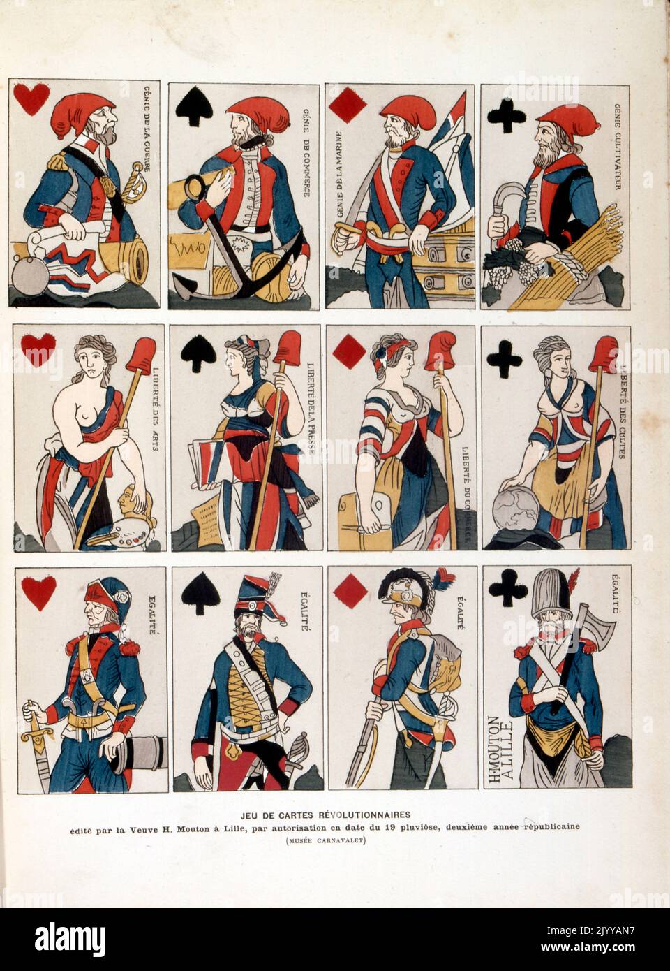 Illustration colorée d'un pack de cartes à jouer des révolutionnaires publié à Lille en 1792. Banque D'Images