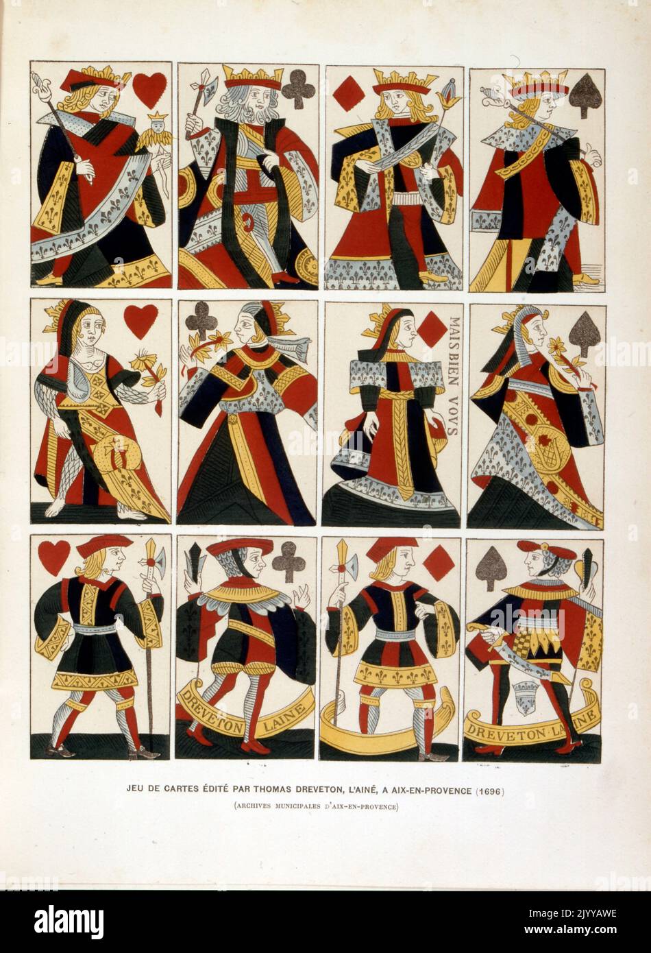 Illustration colorée d'un paquet de cartes à jouer édité par Thomas Dreveston l'aîné à Aix en Provence (1696). Banque D'Images