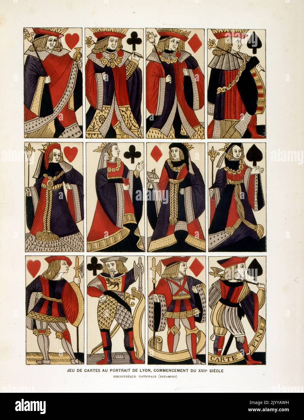 Illustration colorée d'un lot de cartes à jouer avec le portrait de Lyon au début du 17th siècle. Banque D'Images