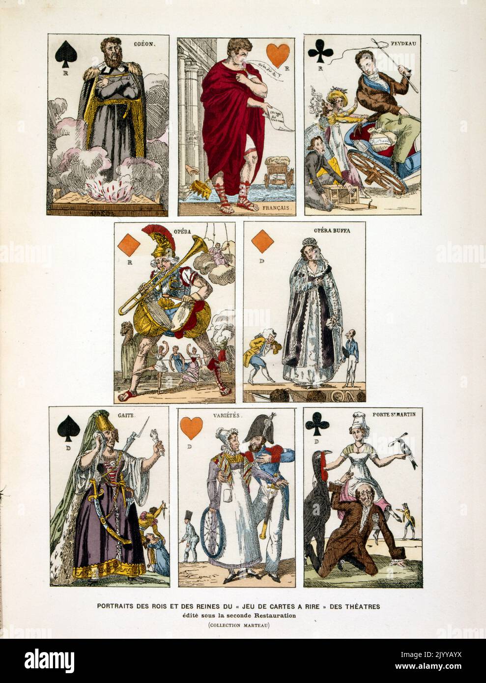 Illustration colorée des cartes à jouer avec des portraits de rois et de reines, des cartes humoristiques du théâtre. Imprimé lors de la deuxième restauration, partie de la collection marteau. Banque D'Images