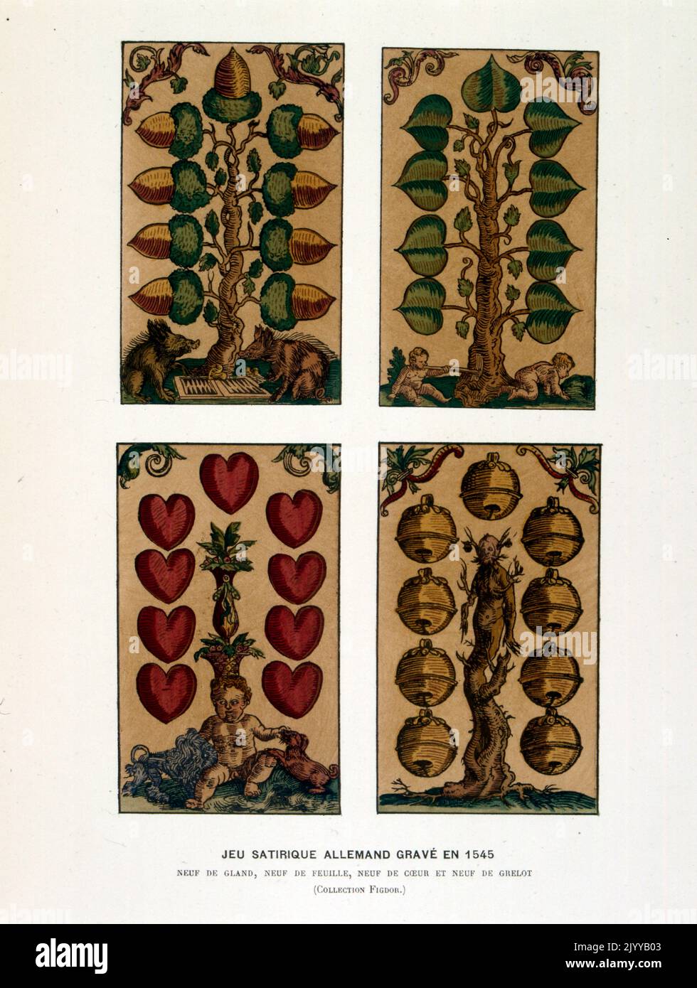 Illustration colorée des cartes à jouer; paquet satirique allemand gravé en 1545 avec neuf coeurs. Banque D'Images