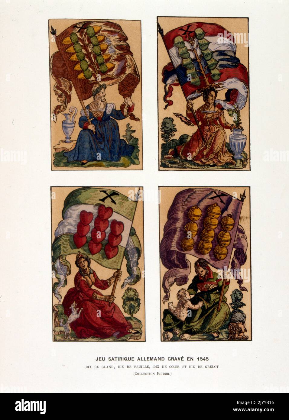 Illustration colorée des cartes à jouer; paquet satirique allemand gravé en 1545 avec dix coeurs. Banque D'Images