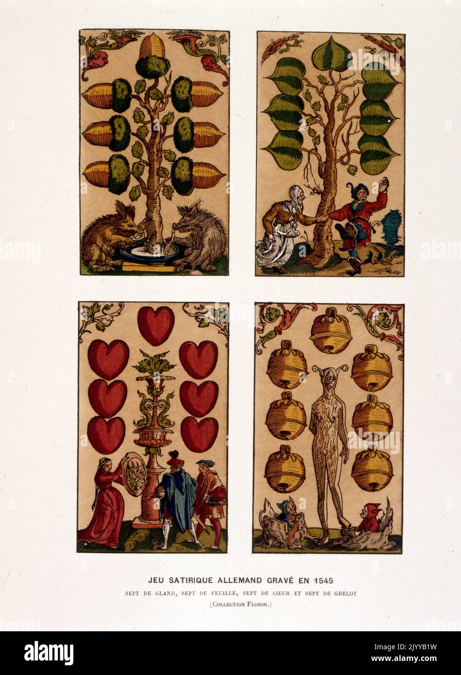 Illustration colorée des cartes à jouer; paquet satirique allemand gravé en 1545 avec sept coeurs. Banque D'Images