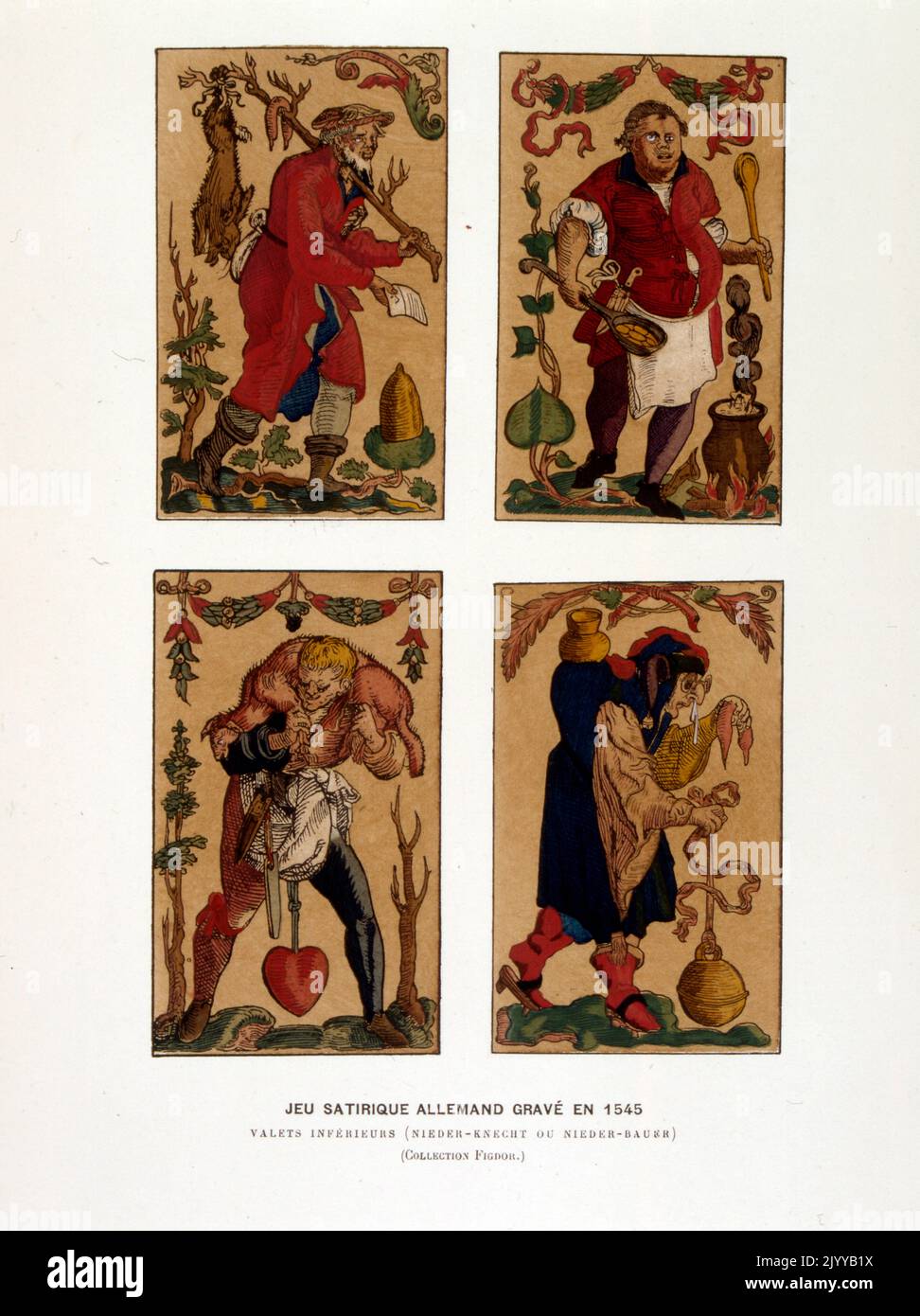 Illustration colorée des cartes à jouer; paquet satirique allemand gravé en 1545 avec un coeur. Banque D'Images
