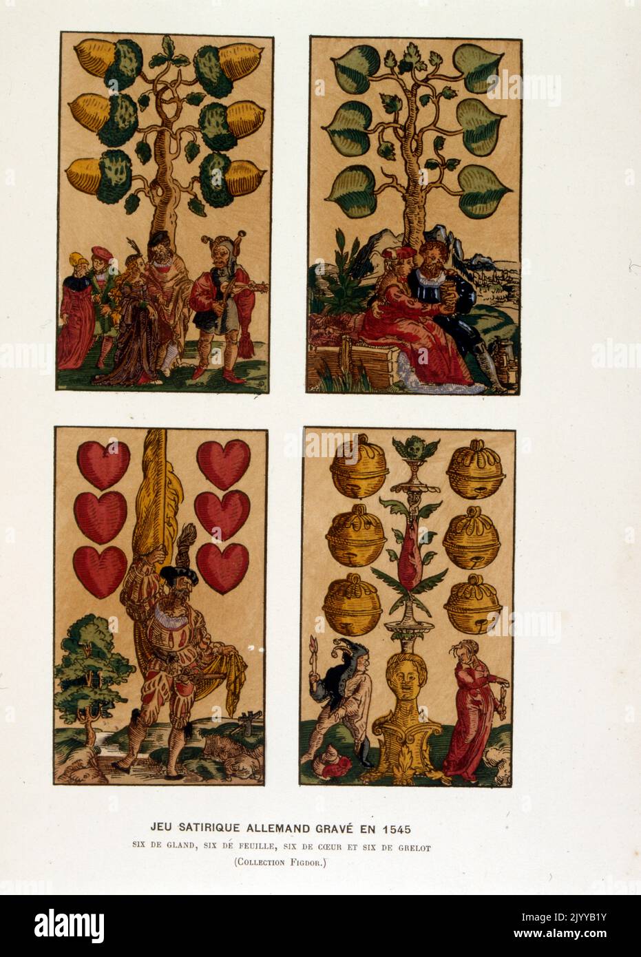 Illustration colorée des cartes à jouer; paquet satirique allemand gravé en 1545 avec six coeurs. Banque D'Images