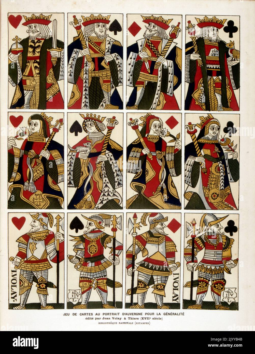 Illustration colorée de cartes à jouer représentant des portraits d'Auvergne publiés par Jean Voloy à Thiers. Banque D'Images