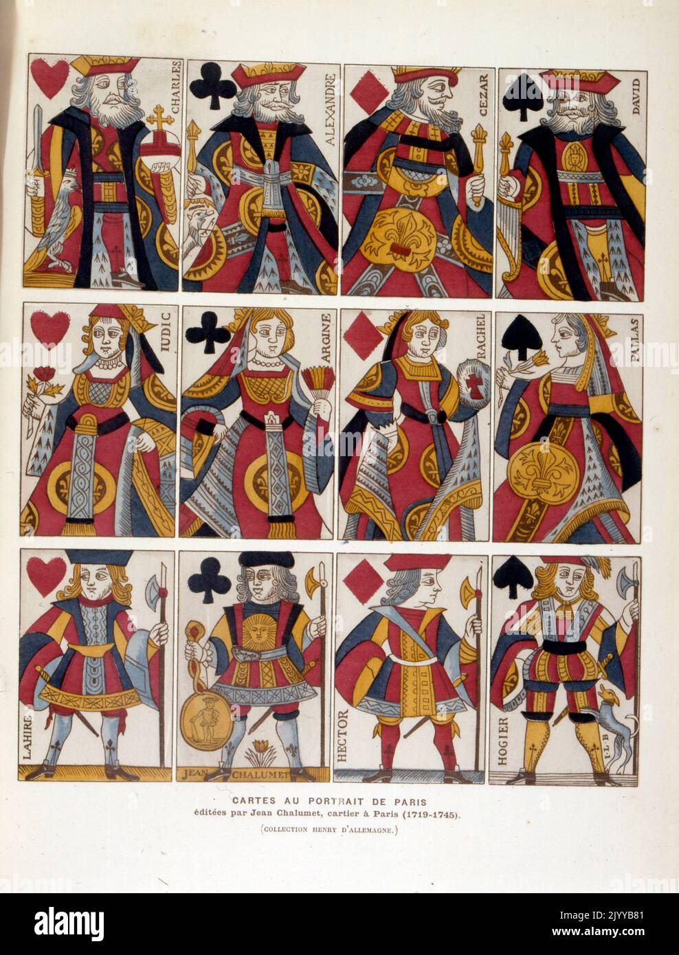 Illustration colorée de cartes à jouer représentant des portraits de Paris publié par J. Chalumet (1719-1745). Banque D'Images