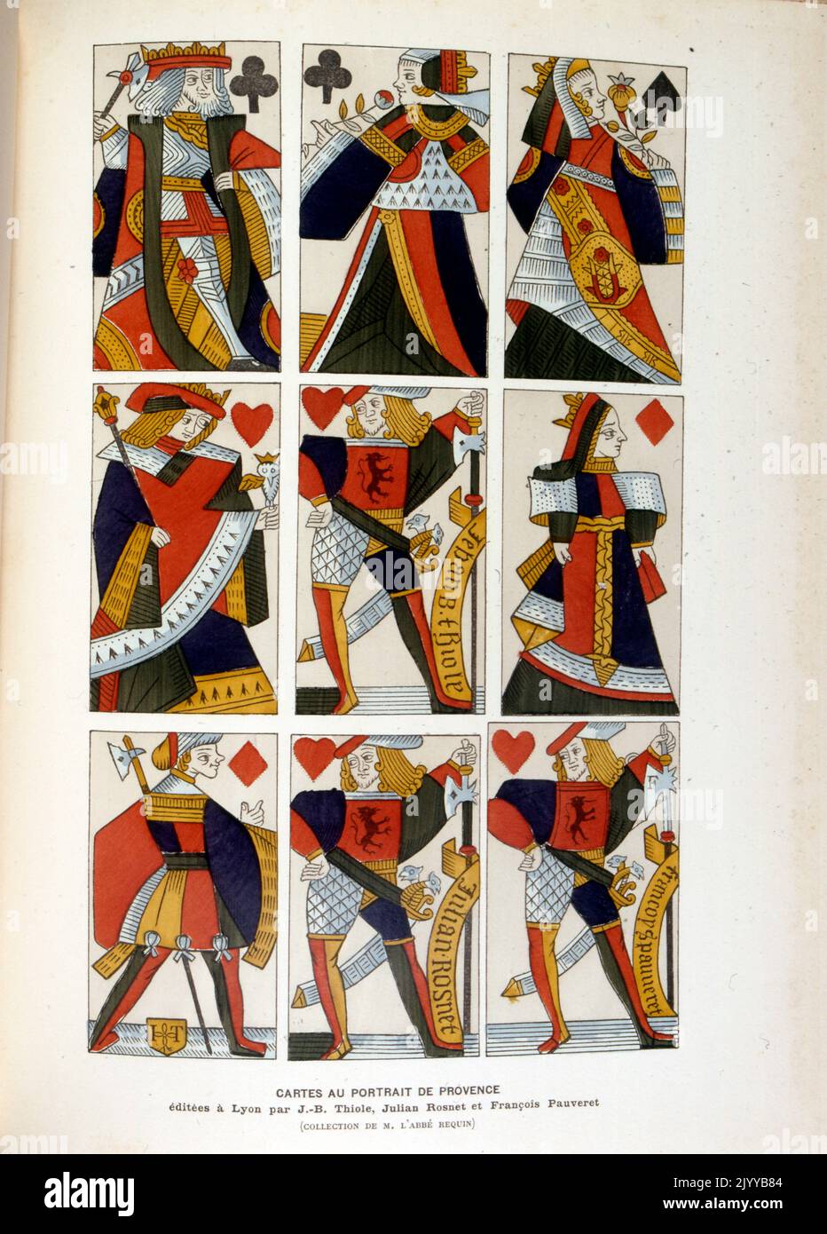 Illustration colorée de cartes à jouer représentant des portraits de Provence publiés à Lyon par Thiele, Rosnet et Pauveret. Banque D'Images