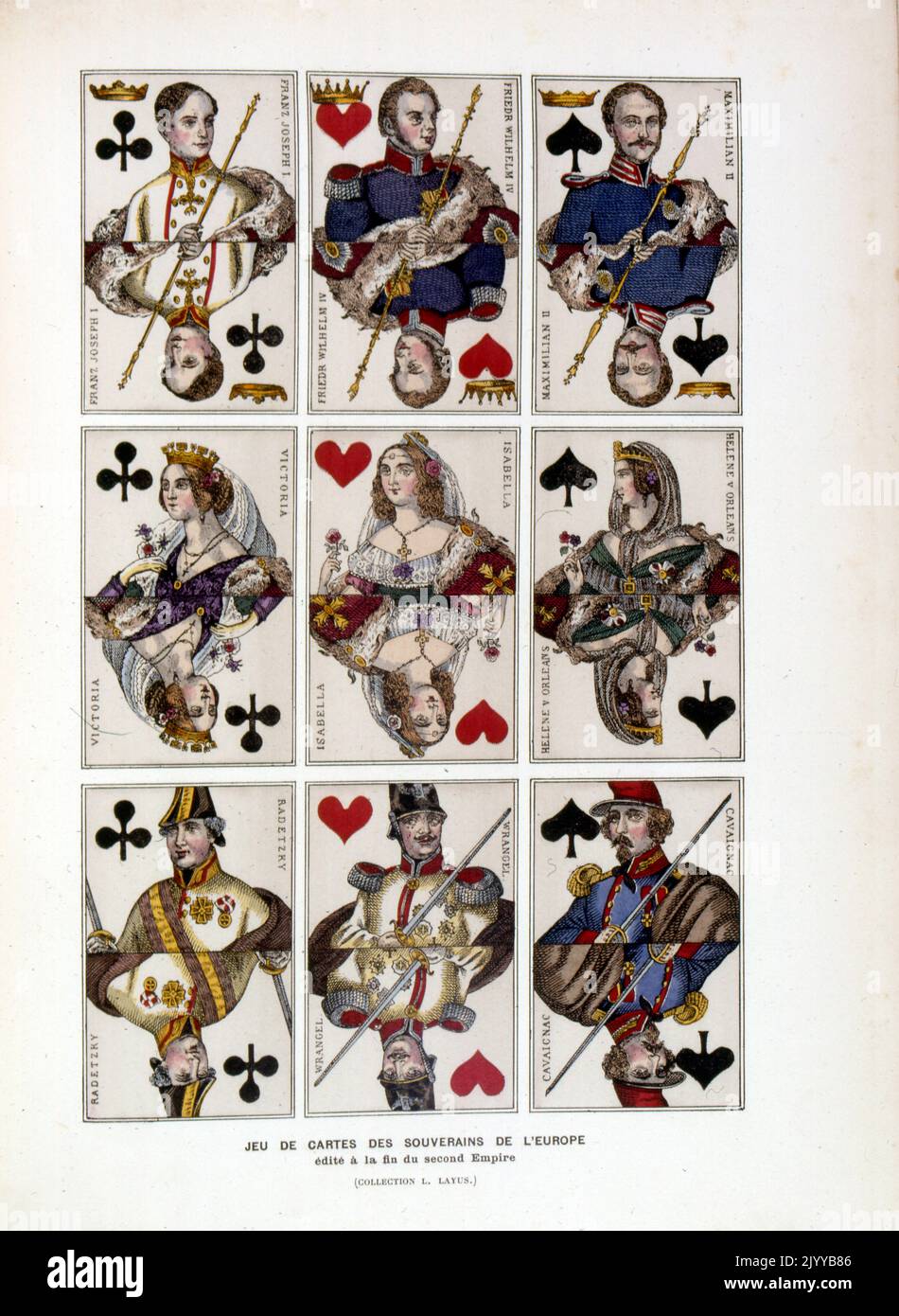 Illustration colorée des cartes à jouer des souvenirs de l'Europe faits à la fin du deuxième Empire. Banque D'Images