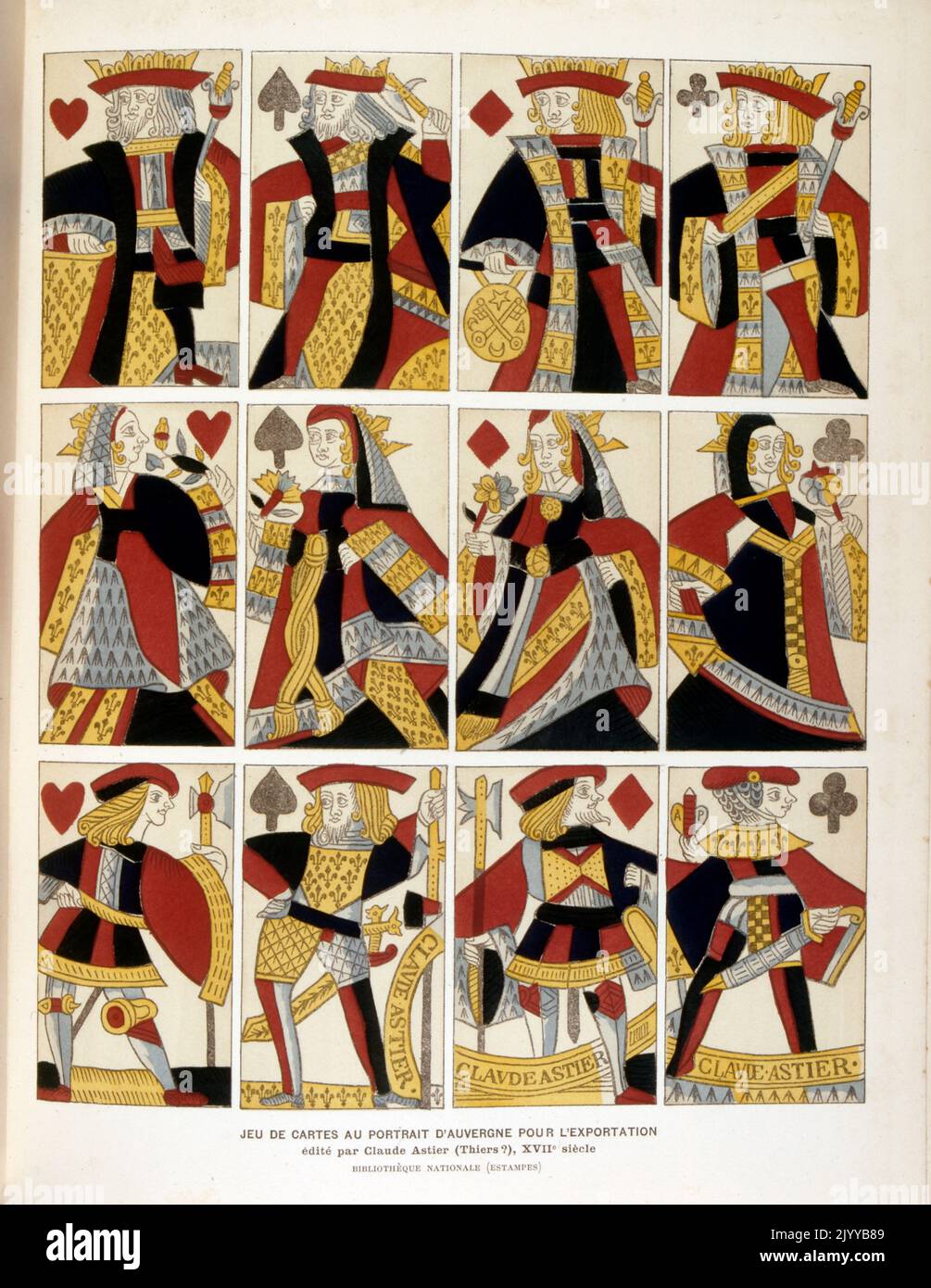 Illustration colorée de cartes à jouer représentant des portraits d'Auvergne pour exportation, publiée dans Thiers par Claude Astier au 17th siècle. Banque D'Images