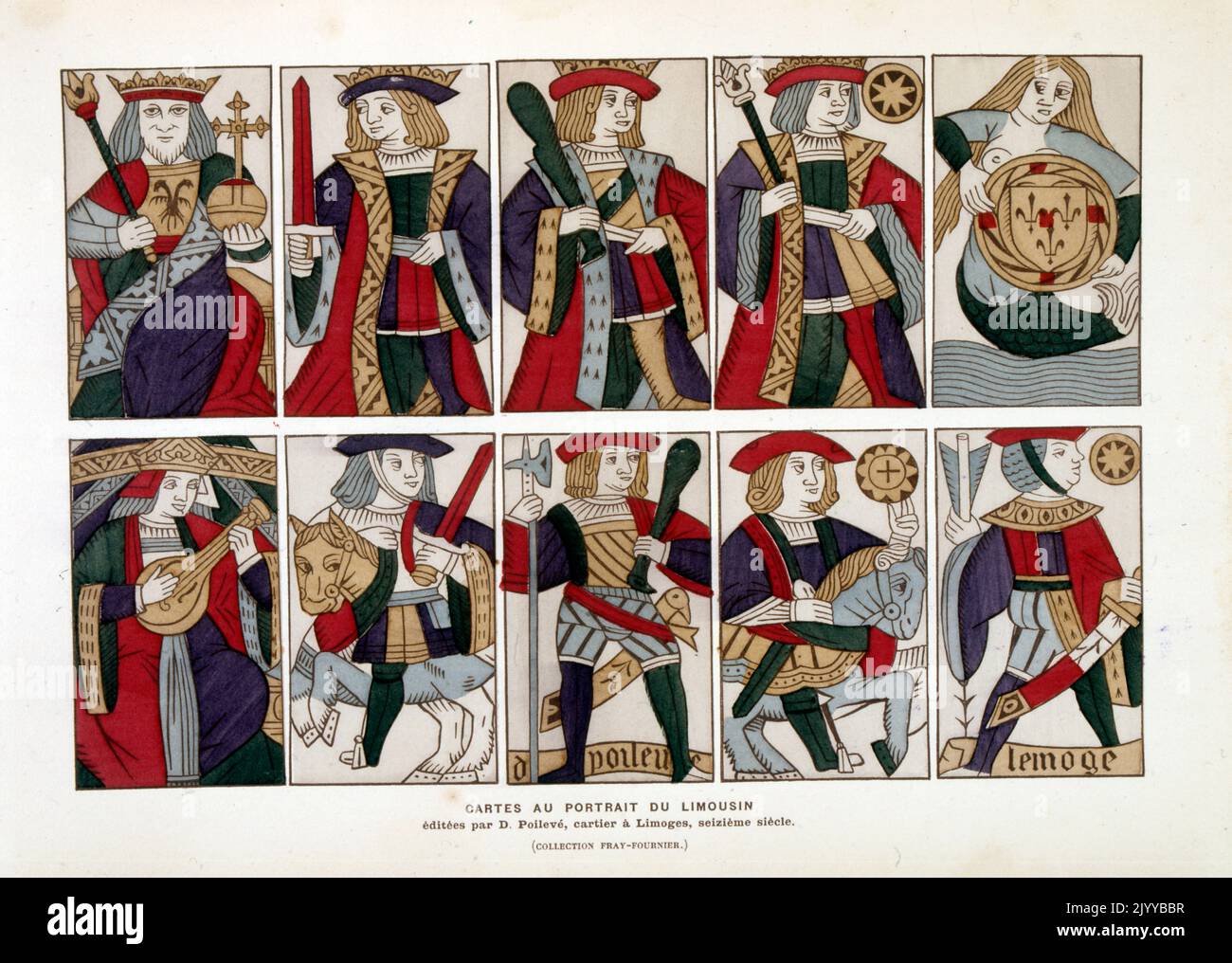 Illustration colorée de la carte à jouer de Limousin publiée par D. Poileve au 16th siècle à Limoges. Banque D'Images