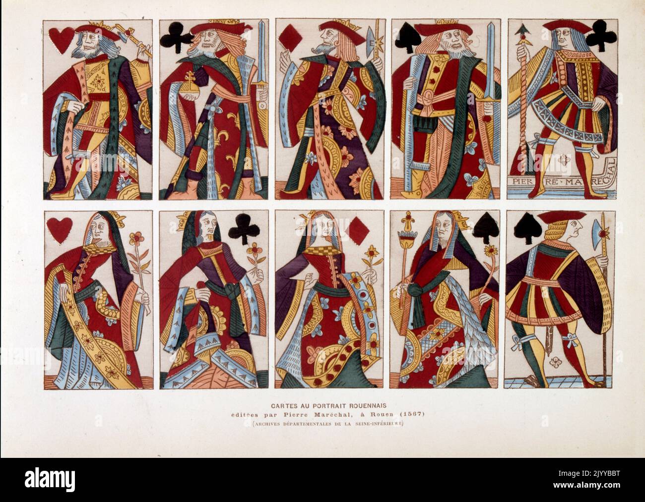 Coloré Illustration des cartes à jouer portraits de rois et reines de Rouen publié par Pierre Marechal 1567. Banque D'Images