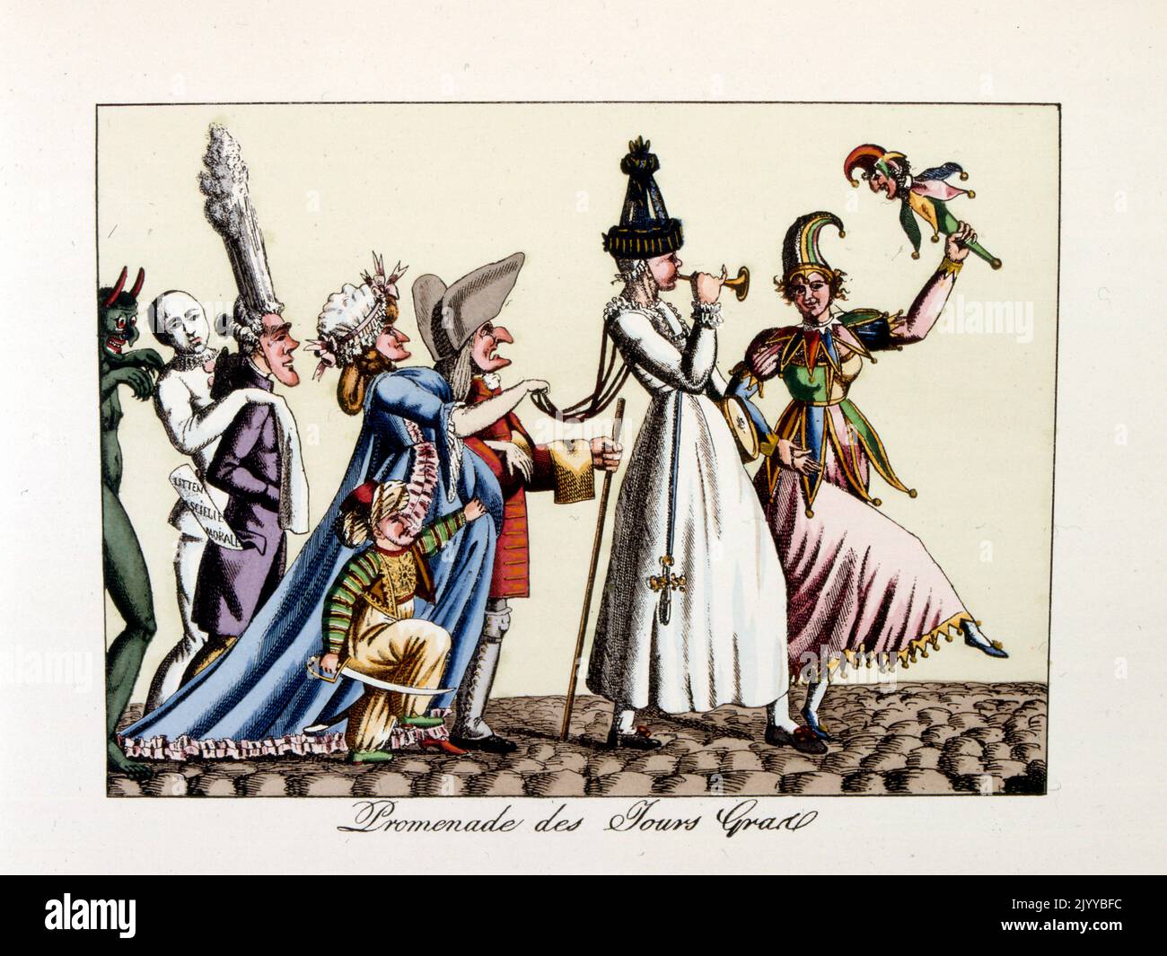 Illustration colorée d'une procession païenne pour un festival de rue comprenant les personnages Punch, Jester et King, intitulé « la promenade du Grand Tour ». Banque D'Images