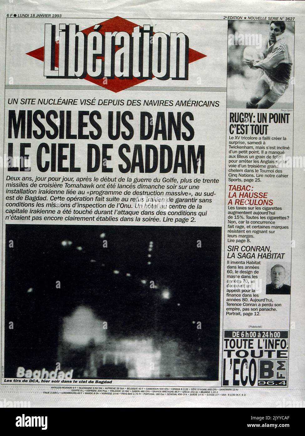 Première page du quotidien indépendant Liberation, du 18 janvier 1993; le titre se lit comme suit : « missiles américains dans les cieux de Saddam ». Banque D'Images