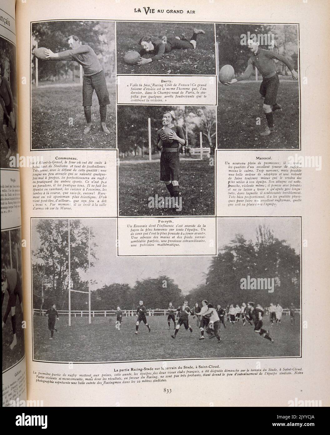 Photographies à l'intérieur du magazine Lifestyle la vie au Grand Air; une collection illustrant les techniques de lancer et de capturer une balle de rugby. Le jeu représenté sur la photo est au stade et à Saint-Cloud. Banque D'Images