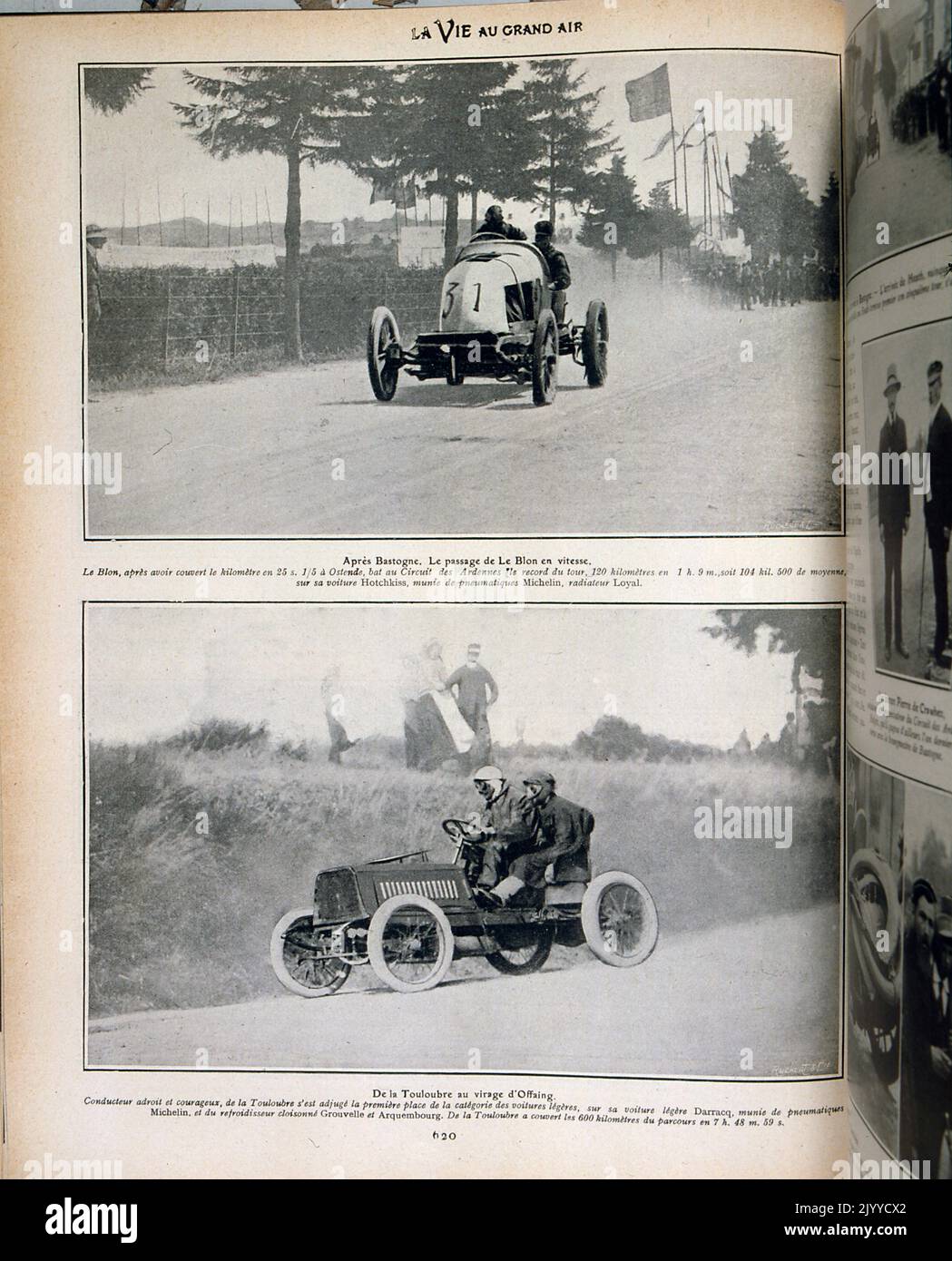 De la revue la vie au Grand Air (la vie en plein air); photographies en noir et blanc de couples participant à une course automobile longue distance. Banque D'Images