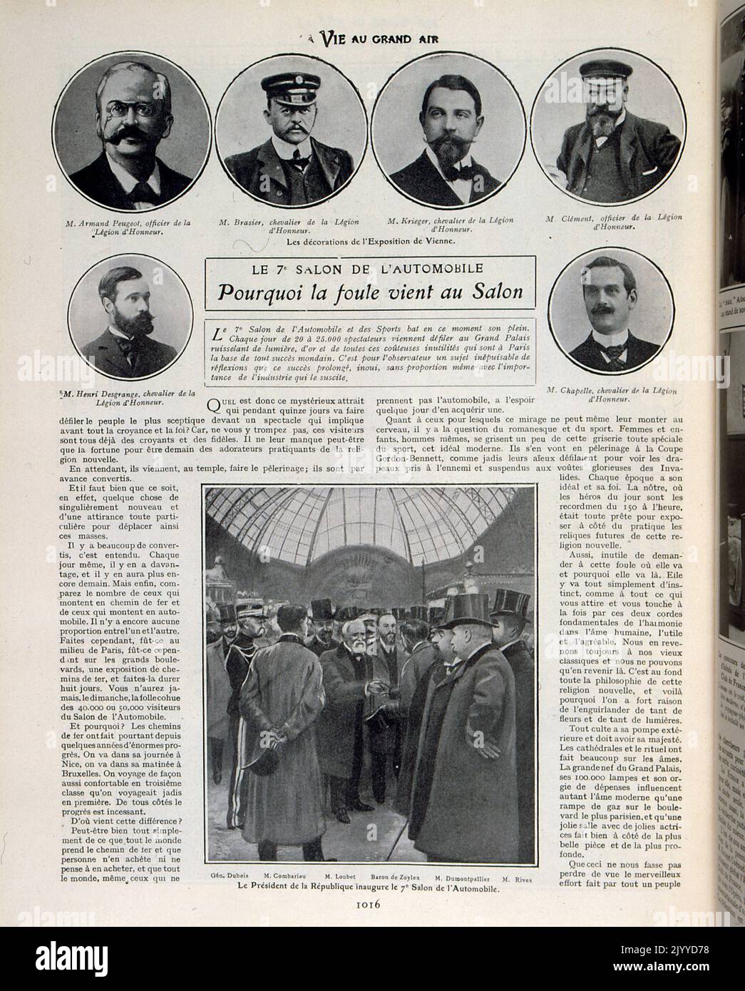 De la revue la vie au Grand Air (la vie en plein air); Photographie noir et blanc du Président de la République inaugurant l'exposition automobile de 7th. Banque D'Images