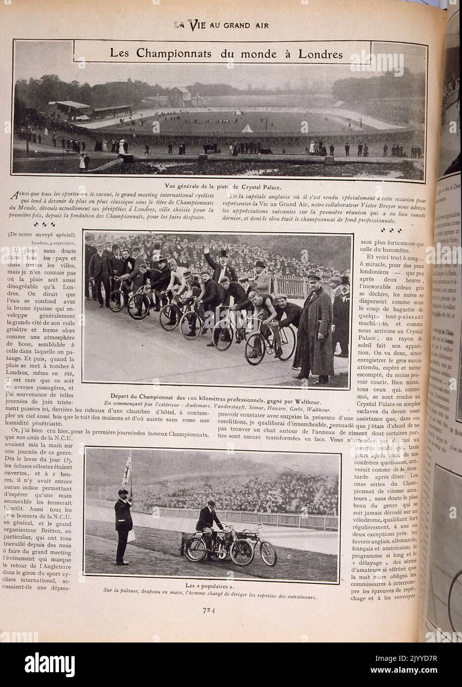 Du magazine la vie au Grand Air (la vie en plein air); photographies en noir et blanc du nouveau vélodrome le Crystal Palace de Londres. Également une photographie des cyclistes prêts à commencer une course. Banque D'Images