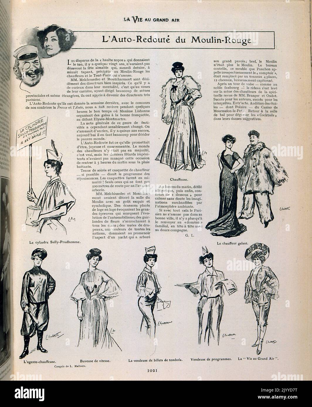 De la revue la vie au Grand Air (la vie en plein air); illustrations en noir et blanc des femmes qui ont les dernières tendances au Moulin-Rouge. Banque D'Images