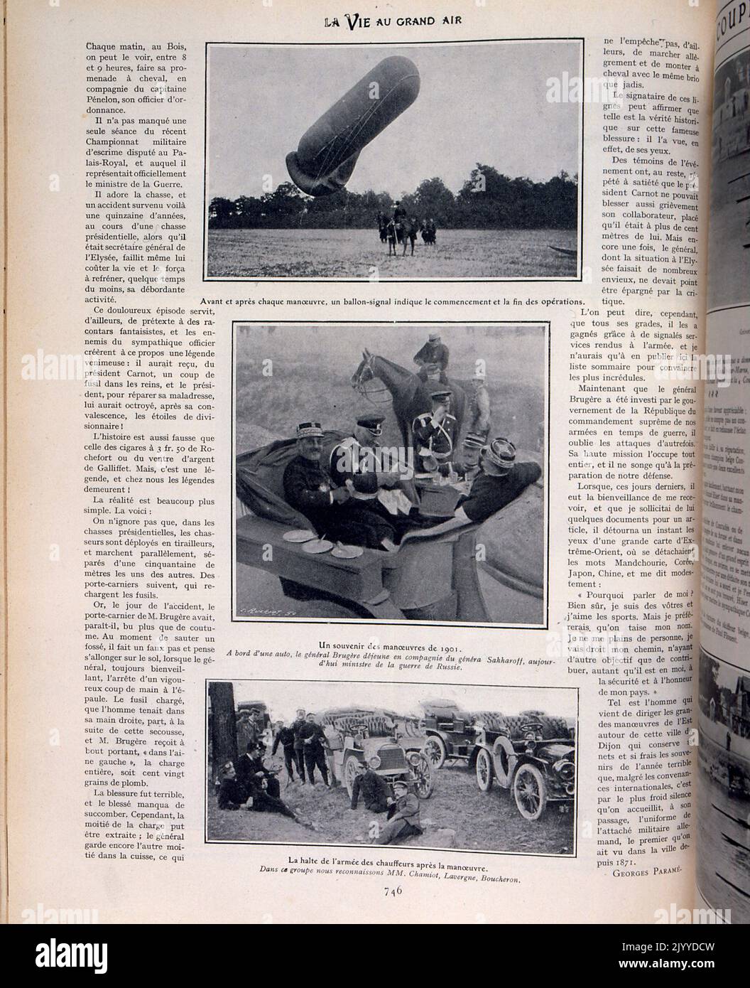 Photographies à l'intérieur du magazine Lifestyle la vie au Grand Air; le début et la fin d'une course inconnue; Sakharoff, le ministre russe de la guerre en 1901 est en une seule photo. La photographie finale est celle d'un groupe de conducteurs de la Laverne Boucheron, France. Banque D'Images