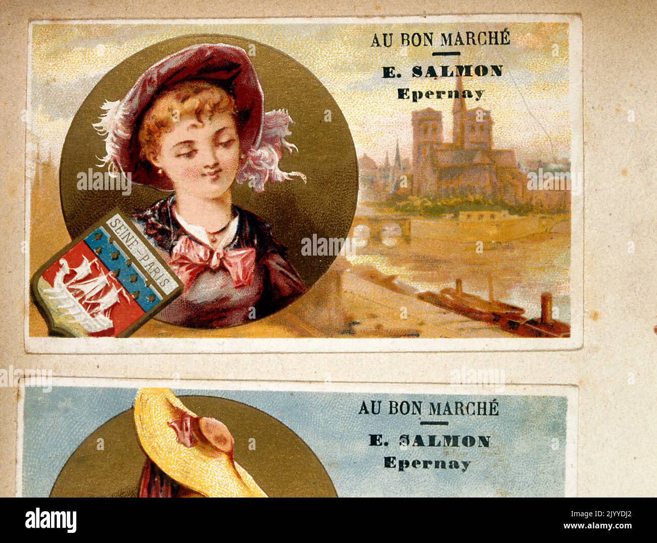 Carte de commerce de la collection « au bon Marche », imprimée par E. Salmon Epernay, représentant la Seine, Paris, France Banque D'Images