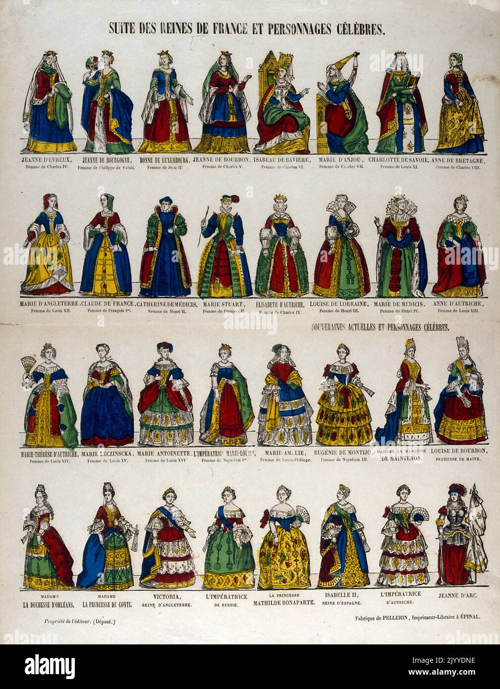 Affiche colorée représentant les reines et les femmes célébrées en France de Jeanne d'Evreux à Jeanne d'Arc. Illustré par Jean-Charles Pellerin Banque D'Images