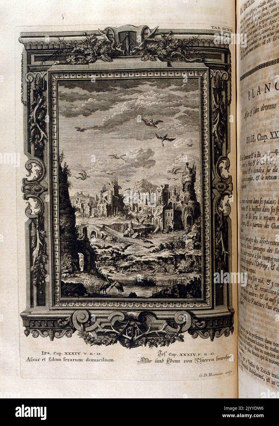 Gravure représentant une ville ancienne, éventuellement le jardin d'Eden. L'illustration est définie dans un cadre orné. Banque D'Images