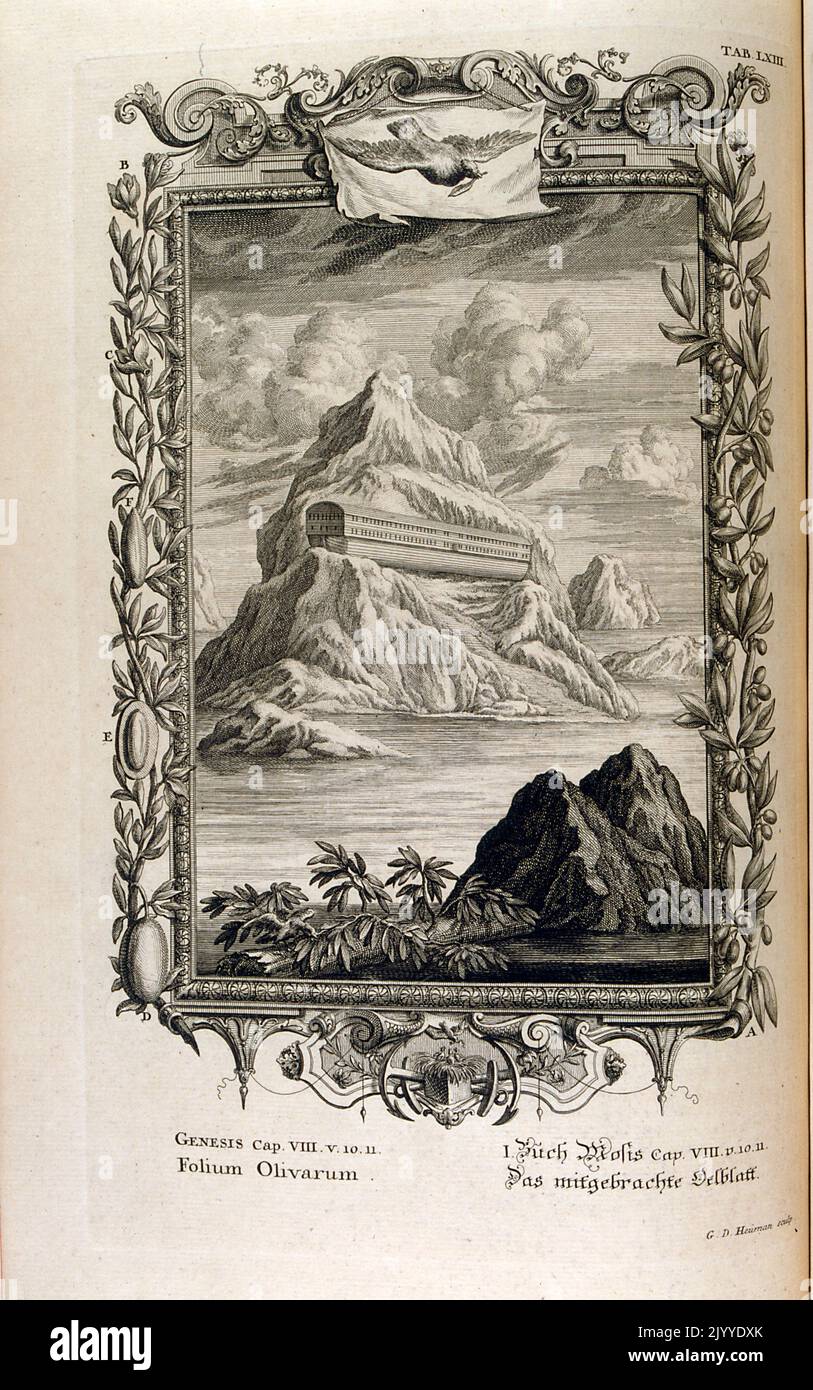 Gravure représentant l'Arche de Noé reposant sur une montagne au milieu des eaux en retrait montrant la terre à proximité, intitulée 'The Olive Branch'. L'illustration est définie dans un cadre orné. Banque D'Images