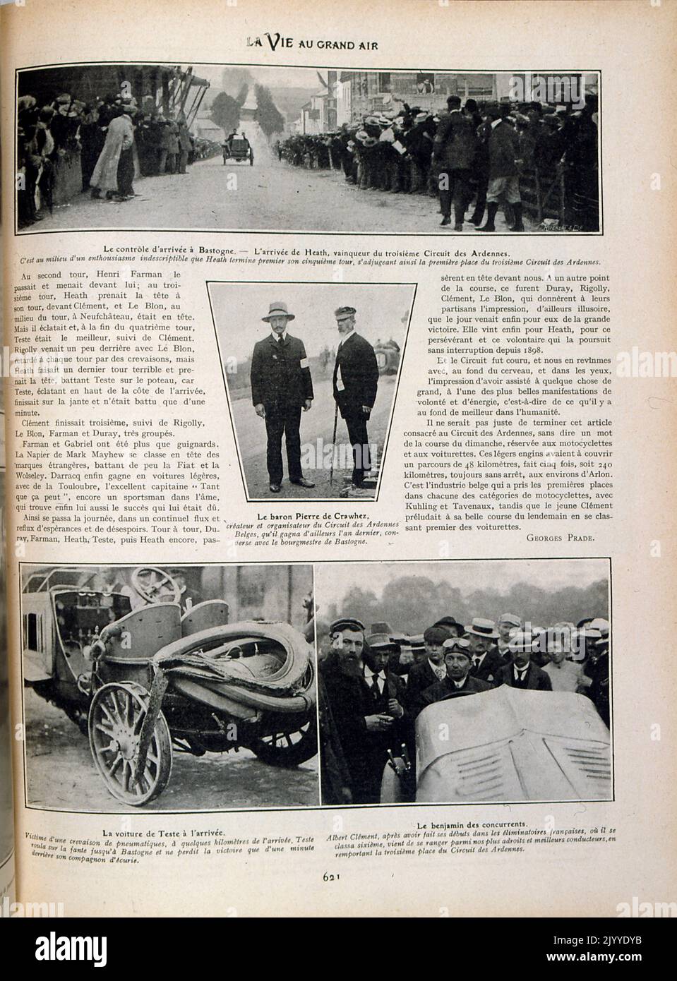 De la revue la vie au Grand Air (la vie en plein air); photographies en noir et blanc de l'arrivée du vainqueur de la course des Ardennes, appelé Bastogne. Banque D'Images