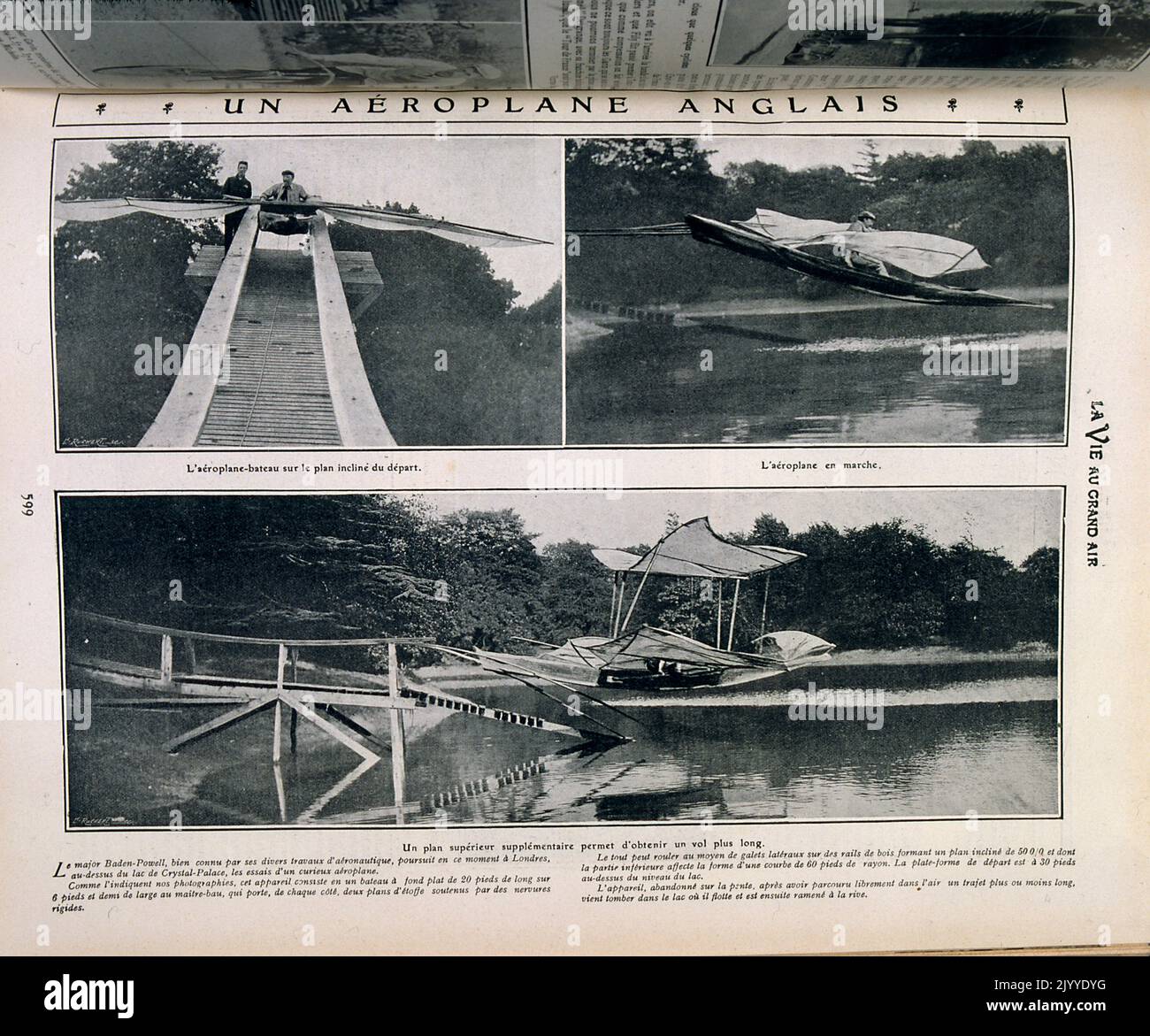 De la revue la vie au Grand Air (la vie en plein air); photographies en noir et blanc d'un très ancien avion en bois construit par les Anglais. Banque D'Images