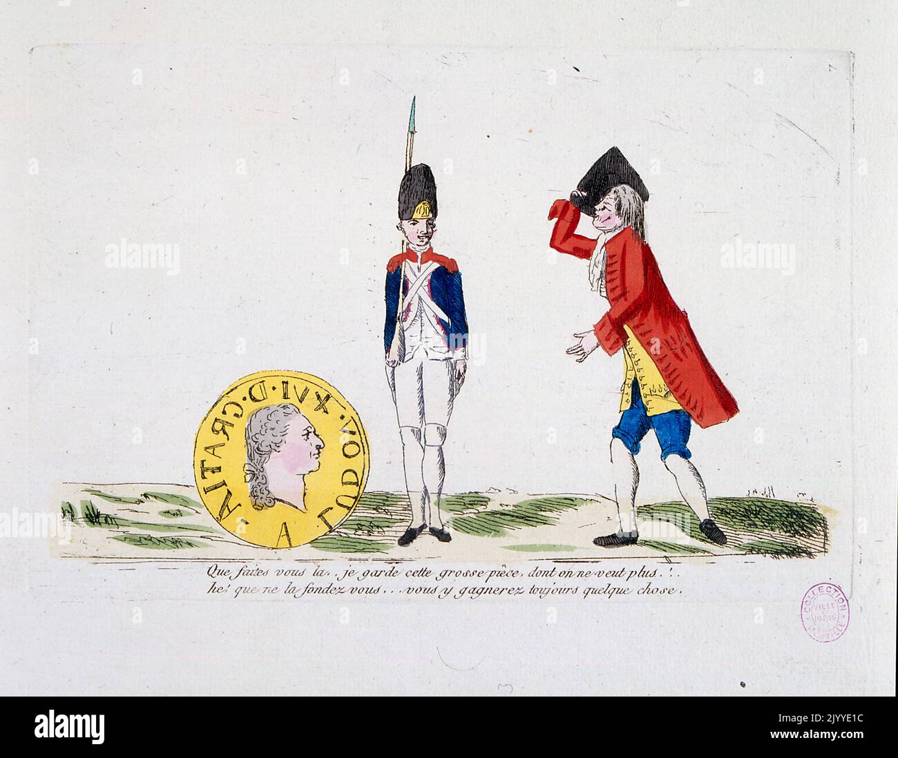 Illustration satirique illustrant un échange entre une garde et un aristocrate. Banque D'Images