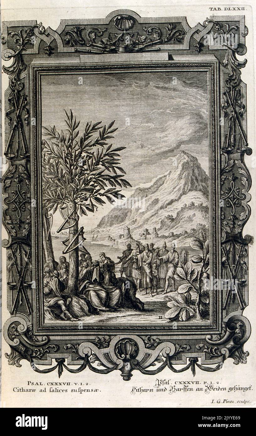 Gravure représentant des voyageurs se réfugiant sous un arbre. L'illustration est définie dans un cadre orné. Banque D'Images
