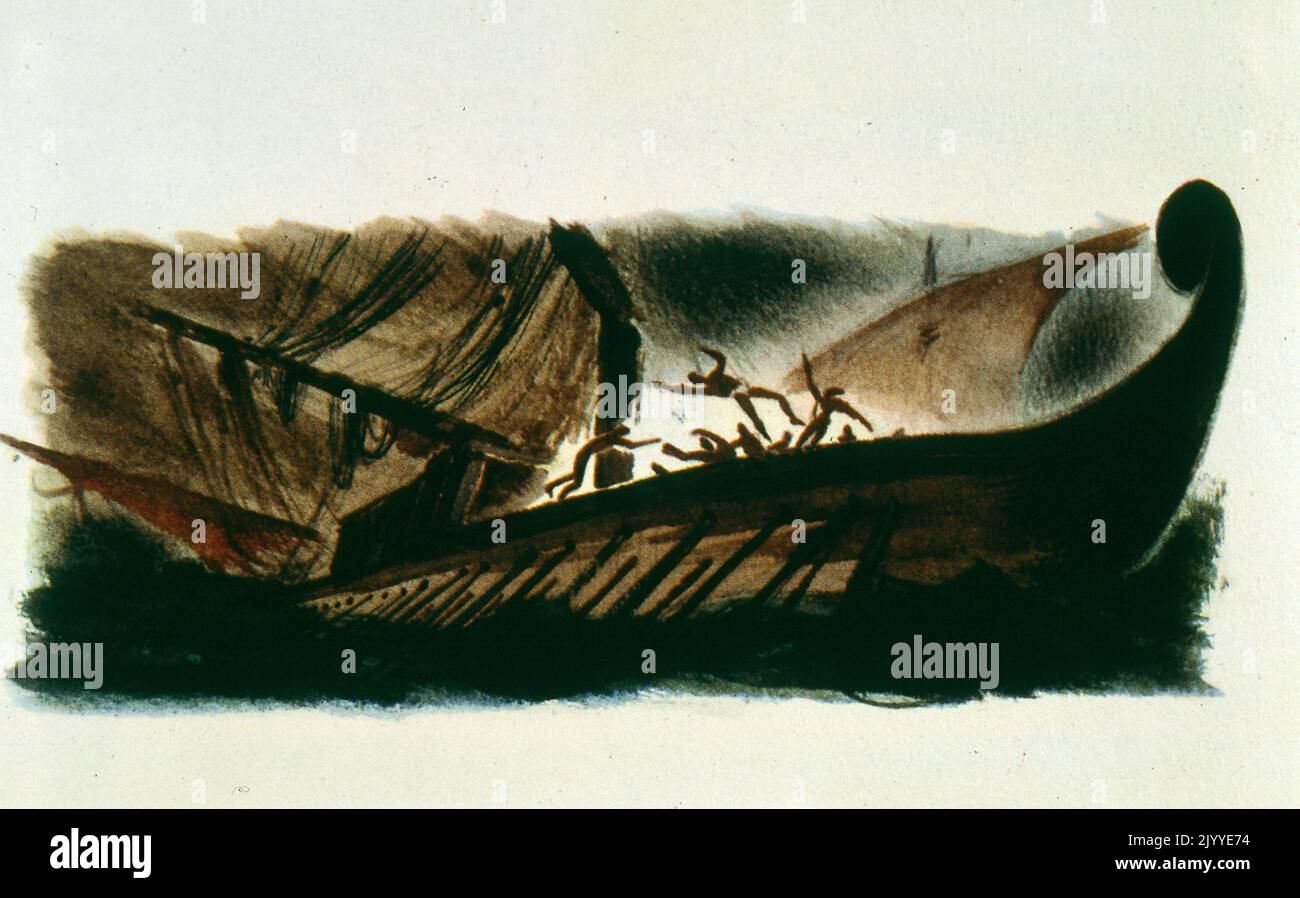 Illustration pastel représentant un chavirement de navire avec des chiffres tombant. Banque D'Images
