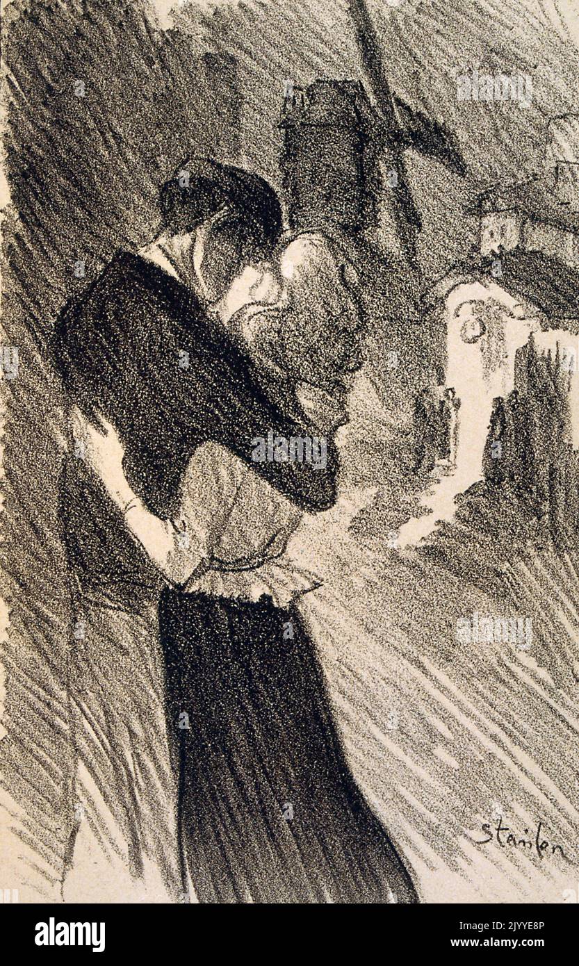 Charbon Illustration d'un couple embrassant sous un moulin à vent. Illustré par Theophile Steinlen (1859-1923), peintre et graveur Art Nouveau franco-suisse. Banque D'Images