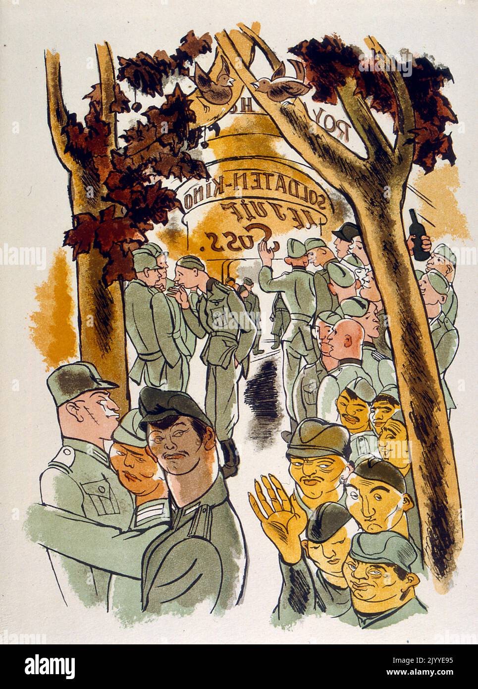 Illustration colorée représentant des soldats rassemblés lors d'une fête avec des soldats français et vietnamiens. Banque D'Images